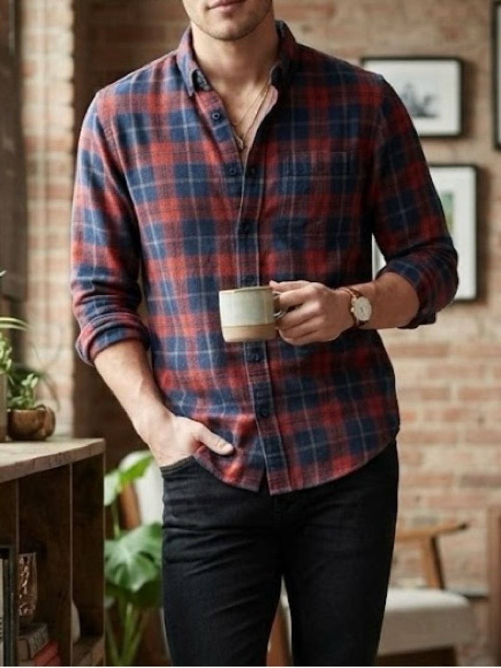 Larsson & Co. Red Navy Blue Plaid 100% Cotton Flannel Button-Down Shirt Soft L